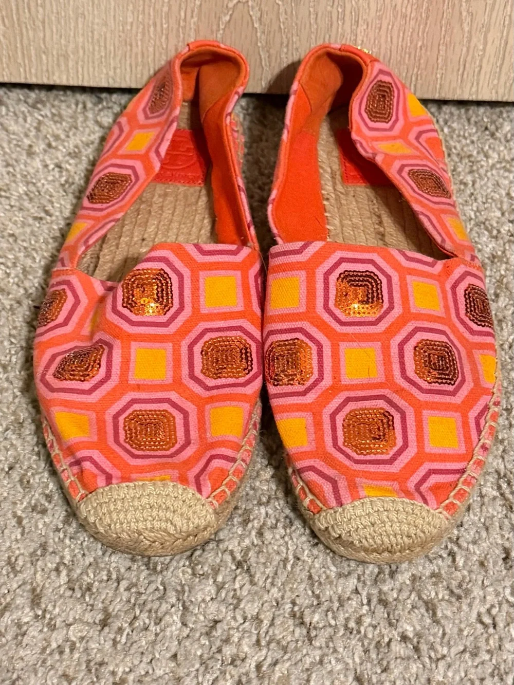 Tory Burch Pink and Orange Geometric Sequins Espadrille Flats